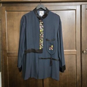 Xiao Vintage Art To Wear Embroidered Satin Top Lagenlook Teal Blue Womens Medium